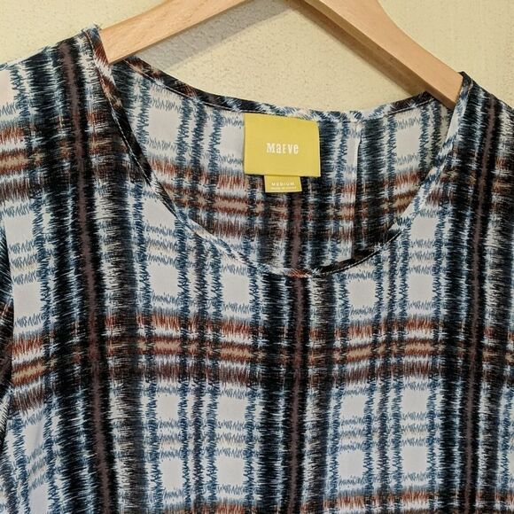 Maeve Blouse Medium Plaid Blue Brown Top Lightweight Semi Sheer - Picture 2 of 7